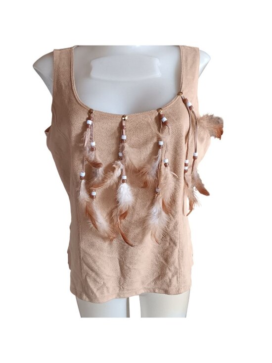 Vintage Tops - Hippy Mama Vintage Tank Top Medium Boho Beige Sleeveless Beaded Feather cropped